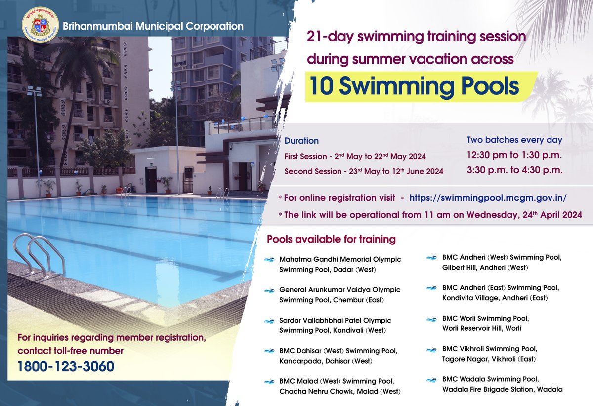 🏊‍♀️21-day swimming training session during summer vacation across 10 swimming pools 🔗Link- swimmingpool.mcgm.gov.in #BMCUpdates #swimmingpool