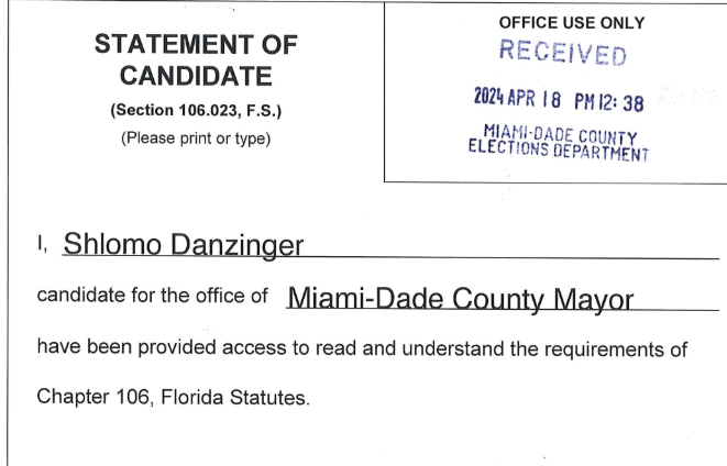 More competition for Miami-Dade Mayor @LevineCava as former Surfside mayor @ShlomoDanzinger files for county mayor in 2024.