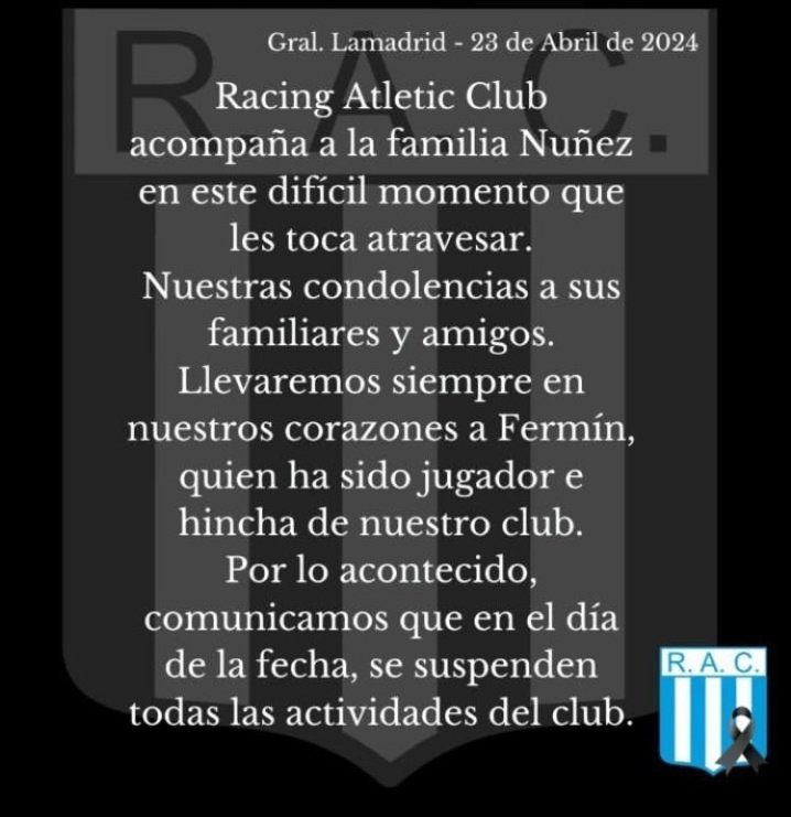 <a href="/LaFamosaAcade/">Labandadelacolon22</a>  le da sus mas sentidos pesames a la familia nuñez,amigos y allegados en este momento tan difícil. 🫂
Siempre en nuestros corazones .💙
 
🚨 Importante
por lo acontecido permaneceran cerradas todas las actividades del club.

Vola alto,fer! 🕊🤍💙