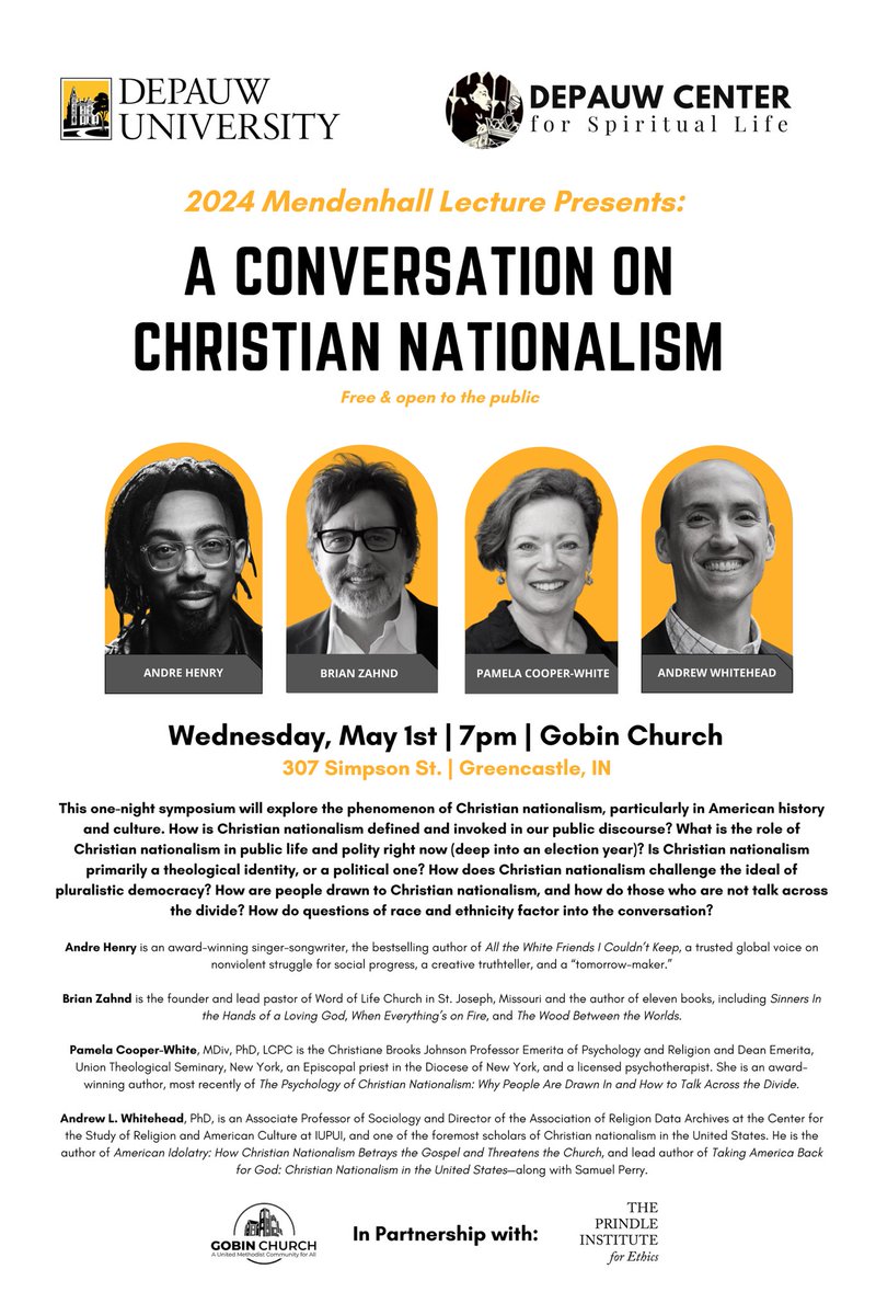 I’m so excited about our annual Mendenhall lecture, Wednesday May 1st at 7pm Gobin Church! As @DePauwU’s historic Mendenhall lecture comes from within the Christian tradition, we believe this is a crucial time for faith communities to reflect critically about how theology shapes…