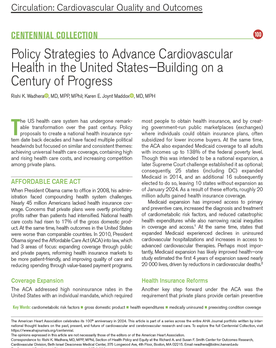 As part of the @AHAScience Centennial Collection, @kejoynt and I examine how major policy reforms in the US have impacted cardiovascular health We also discuss opportunities to advance CV health & equity through policy, as well as emerging threats ahajournals.org/doi/10.1161/CI…