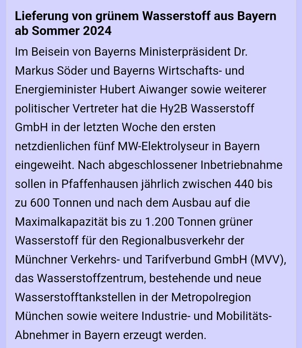 Oje, wie peinlich ist das denn?
Söder und Aiwanger weihen Elektrolyseur ein, der Wasserstofftankstellen für MVV-Busse beliefern soll.

Wissen die nicht, dass der MVV in München bereits Elektrogelenkbusse auf langen Linien völlig problemlos fahren lässt?
iwr.de/news/erster-ne…