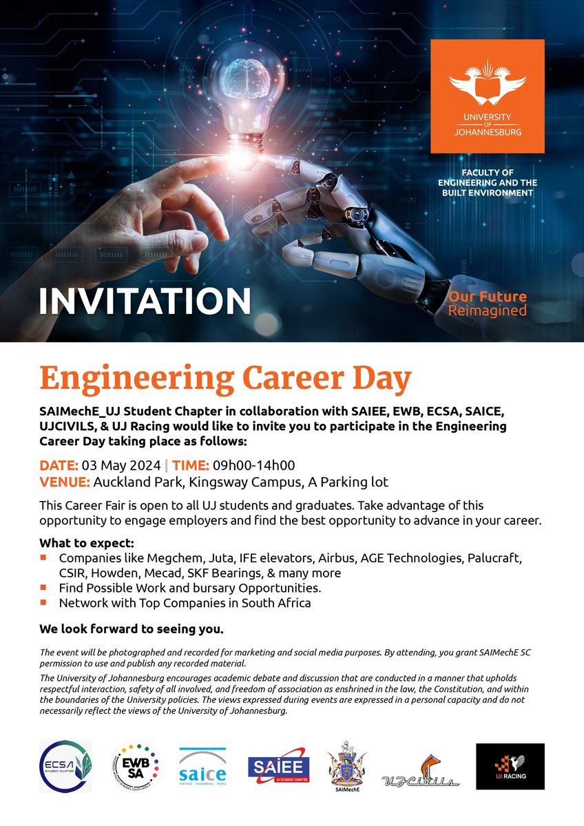 SAIMechE has collaborated with EWB-SA_UJ and other University of Johannesburg student chapters to organize Engineering Career Day on the 3rd of May from 09:00 to 14:00 at the University of Johannesburg, AucklandPark Kingsway camps, Parking lot 'A'. Don't miss out!!!