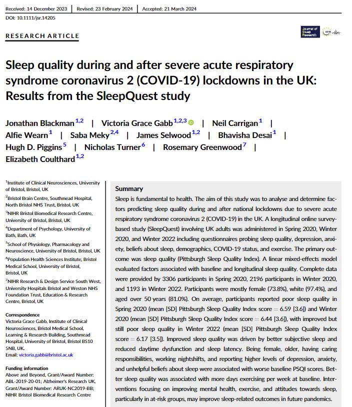 Great to see the results from SleepQuest published today after years of hard work. Big thanks to our SleepQuest cohort who helped us learn about sleep quality among older adults during and after the COVID-19 lockdowns in the UK <a href="/JBlackman0/">Jonathan Blackman</a> <a href="/ReMemBrGroup/">ReMemBr Group</a> <a href="/LizCoulthard/">Liz Coulthard</a> #sleep