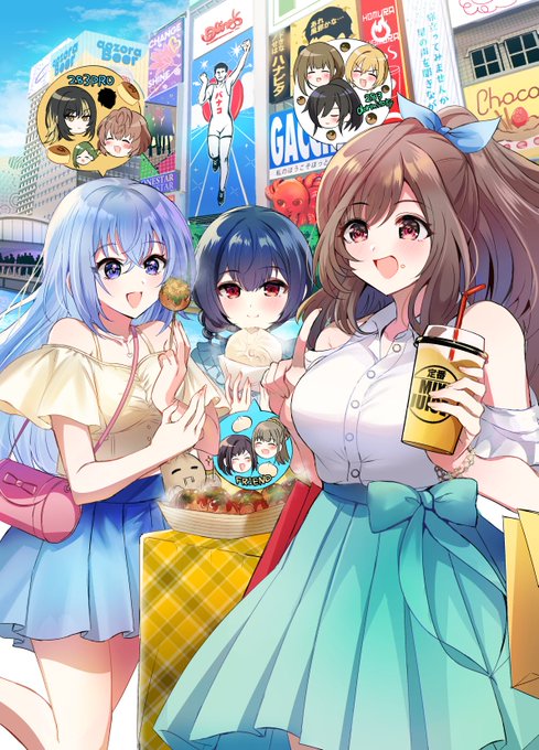 関西シャニマスオンリーイベントIris Projection Cross Link()のキービジュアルを描かせていただきました!いっぱい食べておみやげの話しながら大阪を楽しむ恋鐘ちゃん凛世ちゃん羽那ちゃんの絵です!私も現地参加します!よろしくお願いします～!#イープロ 