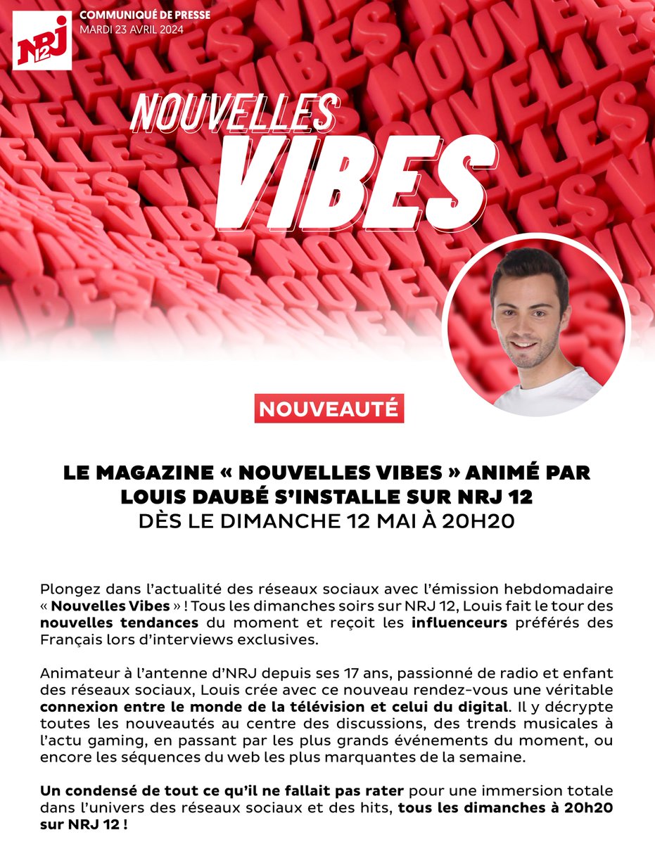 NRJ12lachaine's tweet photo. 💯#Nouveauté
📺Le magazine #NouvellesVibes 
👉Animé par #LouisDaubé
🔥S'installe sur #NRJ12 
📅Dès le #12mai2024 à 20.20 https://t.co/yyU8stPaUq