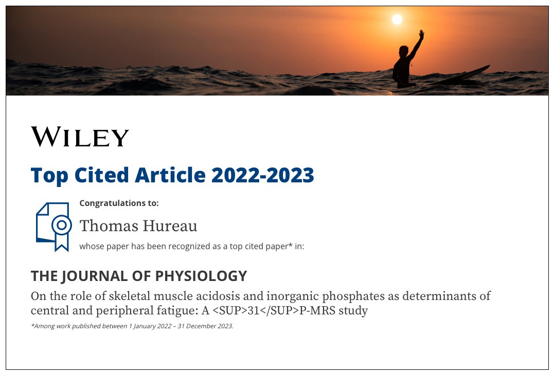 Our article entitled 'On the role of skeletal muscle acidosis and inorganic phosphates as determinants of central and peripheral fatigue: A 31P-MRS study' is in the Top 10 most-cited papers published in @JPhysiol Free access here: physoc.onlinelibrary.wiley.com/doi/epdf/10.11…