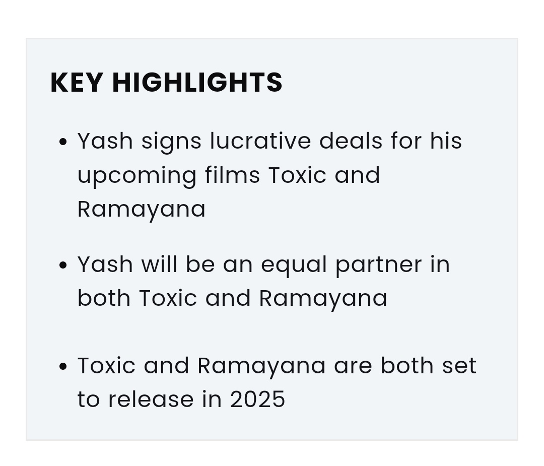 KEY HIGHLIGHTS From PinkVilla Article 
Both #ToxicTheMovie & #Ramayana to set Release on
                  👉 2025👈

@TheNameIsYash #YashBOSS