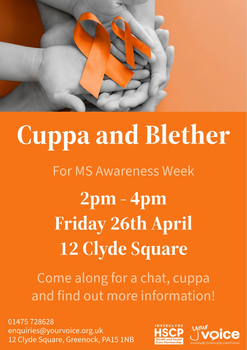 It's #MSAwarenessWeek and we're having a wee get together this Friday 2-4pm in our offices at 12 Clyde Square! 😁🧡

Come along for a cuppa and a blether, ask questions, share stories and learn more! 😊

#msawareness #yourvoice #multiplesclerosis #InverclydeCares #Inverclyde