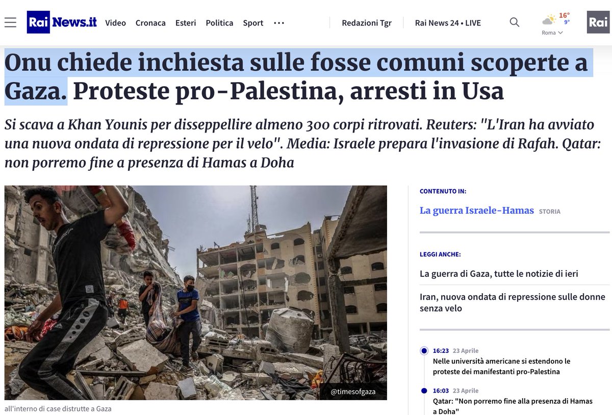 Israele ha creato fosse comuni piene di cadaveri palestinesi su cui indaga l'Onu. Dove sarebbe lo scandalo? Israele ha ammazzato 34.000 palestinesi. Gaza è tutta una fossa comune. Eppure quei gran corrotti che guidano l'Unione europea rifiutano di colpire Israele con sanzioni