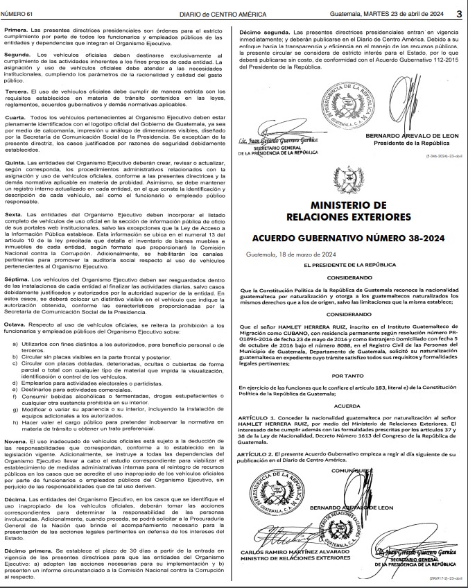 Publicación @DiariodeCA Oficio Circular Número 01-2024 y 02-2024 Para: Entidades y dependencias que integran el Organismo Ejecutivo De: BERNARDO AREVALO DE LEON Presidente Constitucional de la República @GuatemalaGob @ViceGuatemala