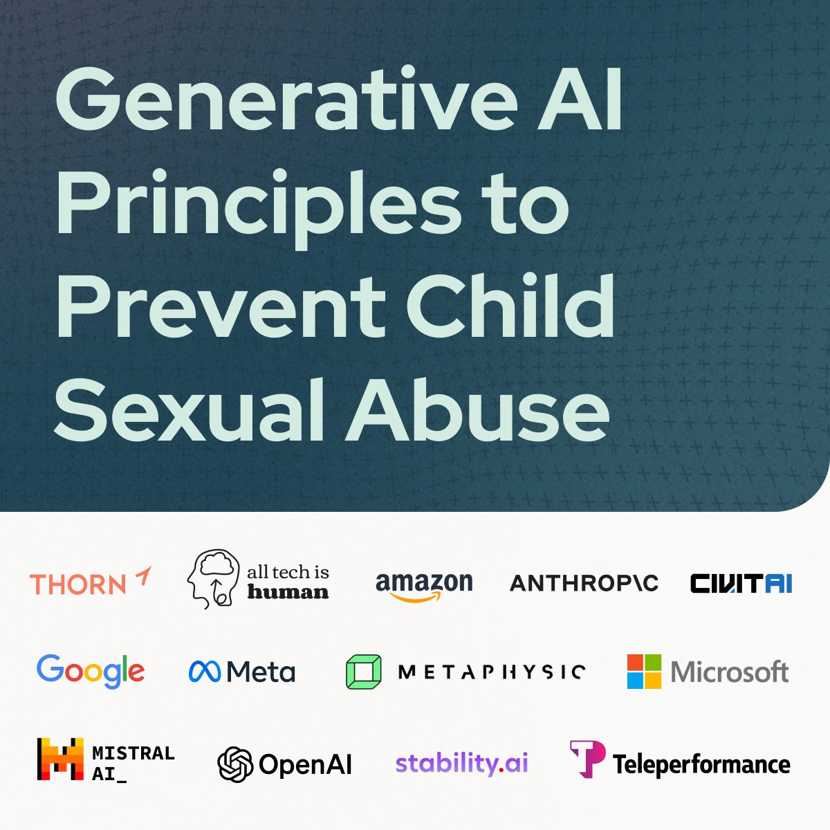 We commit to @thorn and @AllTechIsHuman's Safety by Design principles to ensure child safety is prioritized in the development and deployment of AI tools.