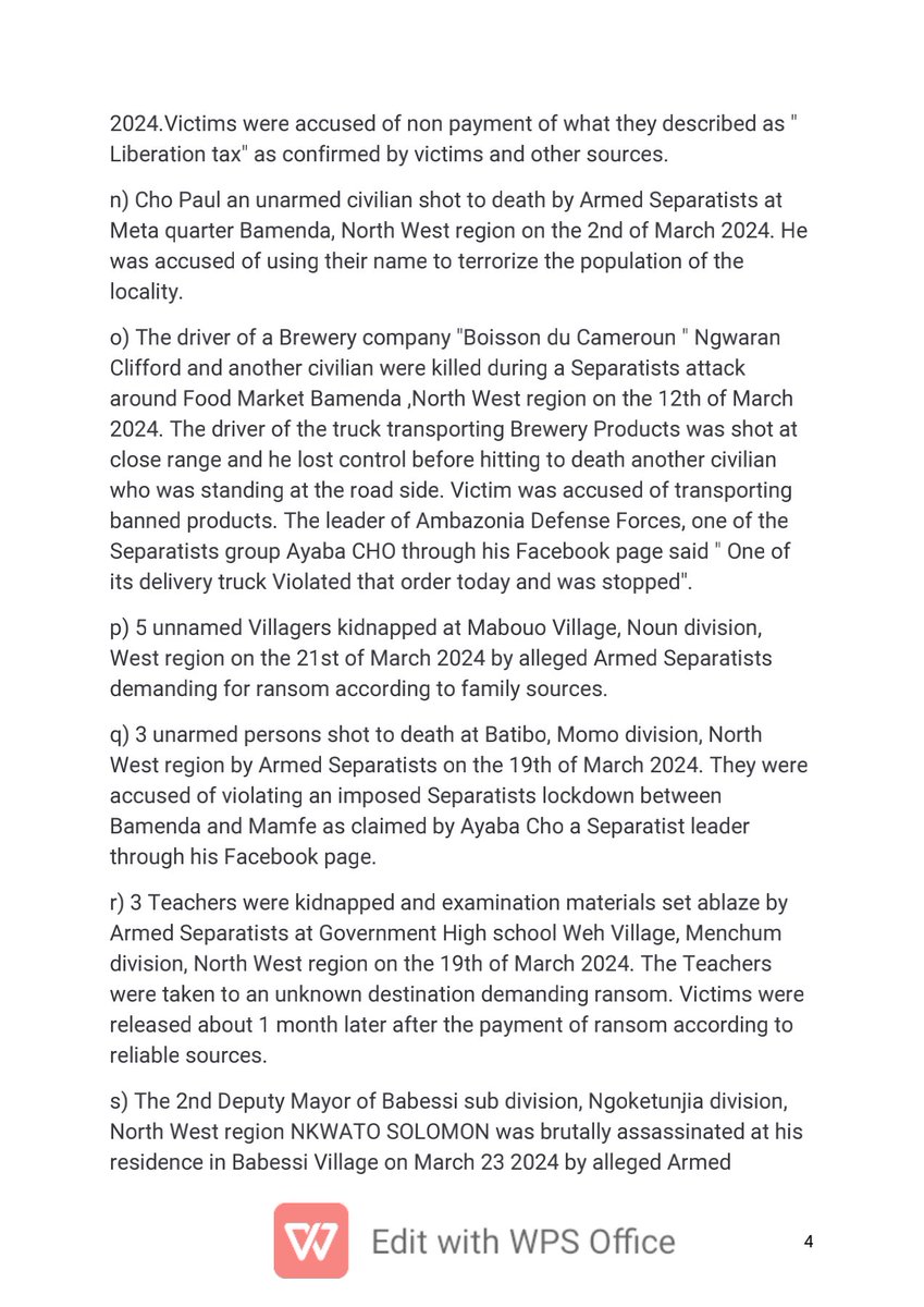 February & March 2024 Human Rights Report Of Conscience Africaine, Entitled ' THE WORSENING HUMAN RIGHTS SITUATION IN ANGLOPHONE REGIONS OF CAMEROON'
#EndAnglophoneCrisis 
@CRTV_web   
@MincomCameroun 
@FRAOfficialPage 
@USEmbYaounde 
@UKinCameroon
@UNIC_Yaounde 
@SwissAmbYaounde