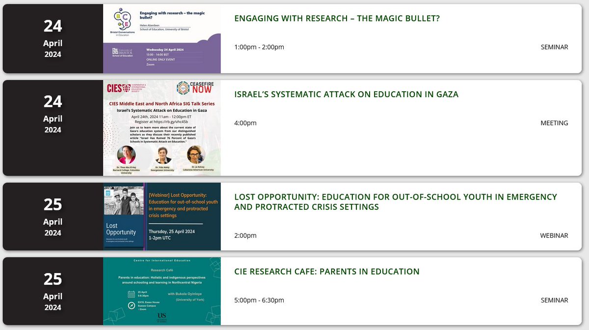 It's a busy couple of days! Check out our events page for more on: *Engaging with research @BristolUniDocs @SOEBristol *Israel's attack on education in #Gaza @cies_us *Out-of-school youth in protracted crises @INEEtweets * Parents in education @SussexCIE ukfiet.org/news-and-event…