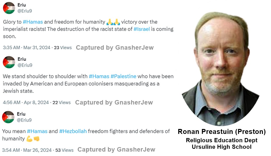 Ronan Preastuin (Preston) is an open supporter of a proscribed terrorist group (Hamas), he is also a Key Stage 4 Coordinator & Year 9 Tutor at Ursuline High School, London. He is a clear danger to children and should be reported to Counter Terrorism Policing @TerrorismPolice.