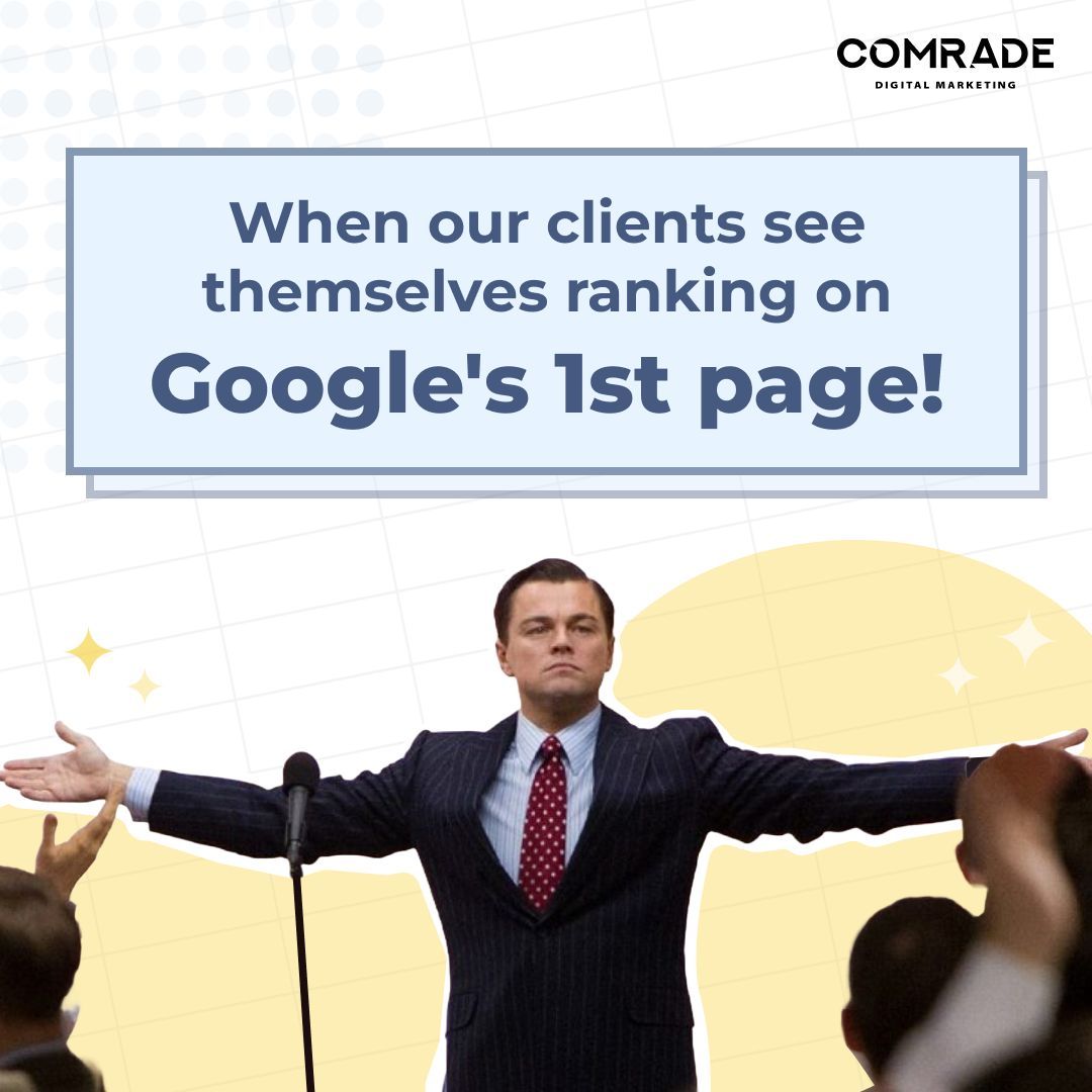 🎉 Feeling proud when our clients spot themselves on Google's first page! It's like seeing your brand sparkle in the vast galaxy of search results! 🌠✨

#ComradeDigitalMarketing #DigitalMarketingMeme #CreativeMarketing