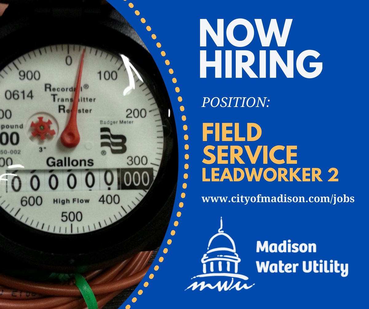 We're hiring our next Field Service Leadworker 2. Join a team committed to accurate delivery of clean water. Skilled lead work relative to installation, maintenance, testing and repair of the full range of Water Utility meters. Learn more & apply today: cityofmadison.com/jobs