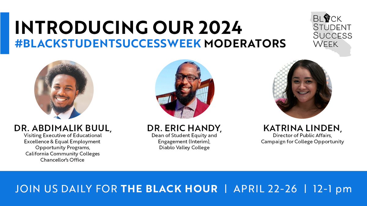 cablackstudents's tweet photo. Thank you to this year's #BlackStudentSuccessWeek moderators @AbdimalikBuul @ProfessorEHann @katrina_linden!
Register to join the conversation for free each day this week from 12 pm - 1 pm at https://t.co/phxC6QST5A!
#BSSW24 https://t.co/6JRZrfvmFP
