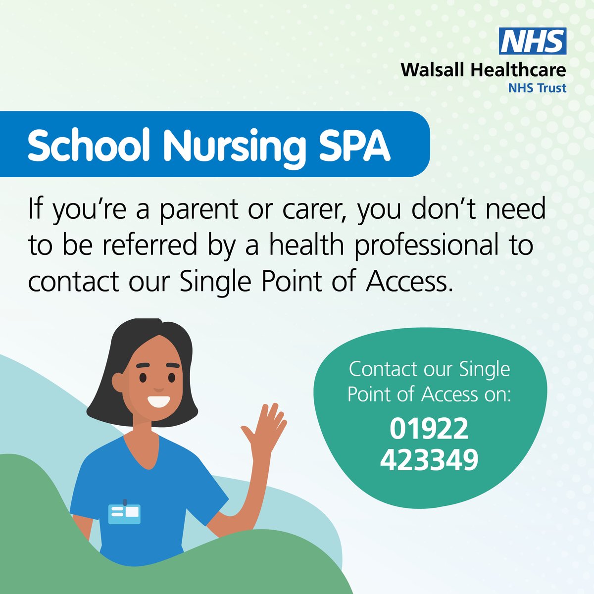 👩‍⚕️ School Nurses can support young people in other educational settings and those who have left education to start work.

You can contact <a href="/SchoolNWalsall/">Walsall School Nurses</a> direct if you’re a parent or carer – no need to be referred by a health professional. 

📞Call 01922 423 349