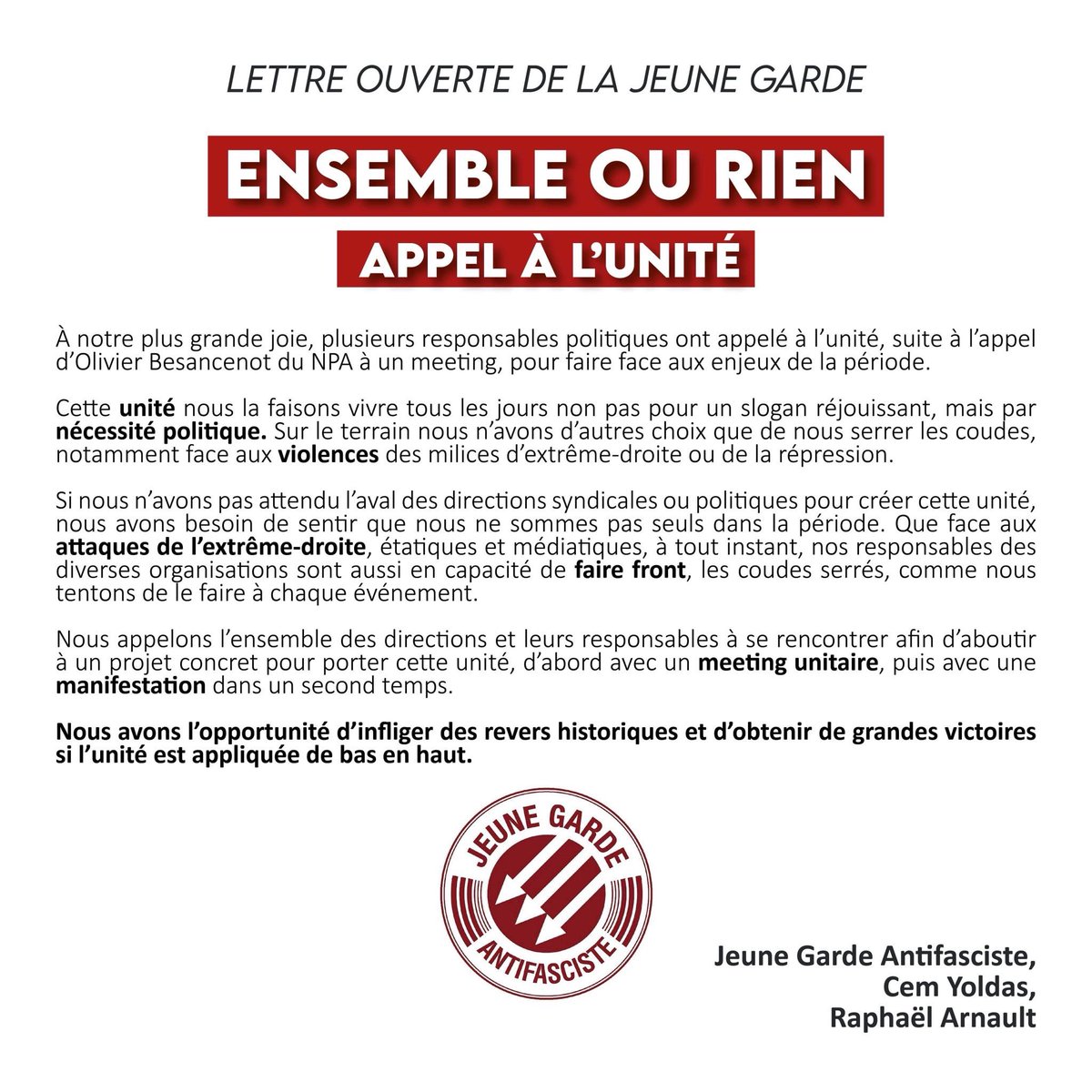 Lettre ouverte de la Jeune Garde, appel à l’unité. #EnsembleOuRien