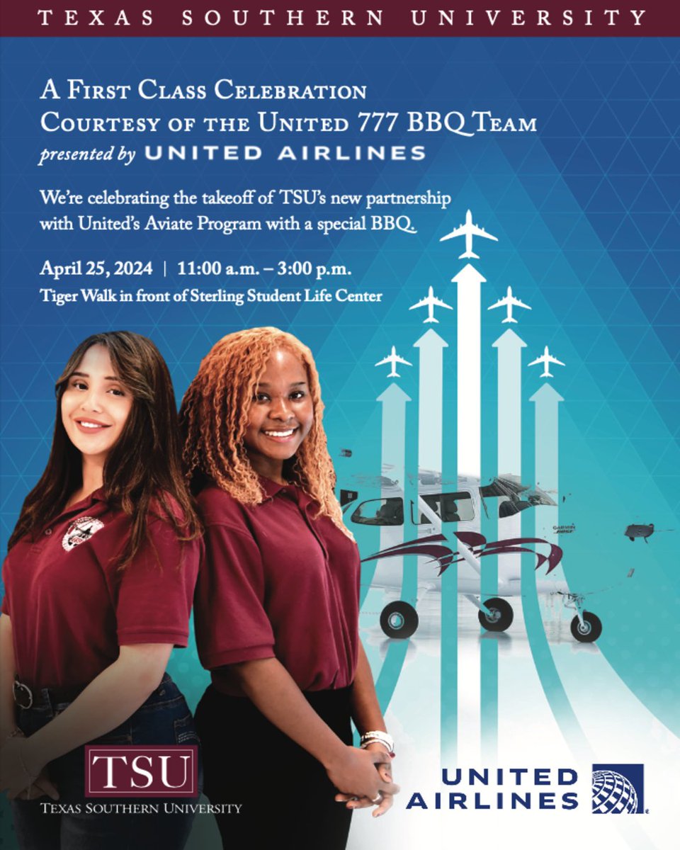 Exciting news! Aviate, United’s pilot development program, and TSU are teaming up to offer current & former students a direct path to United Airlines! Join us on April 25th in front of the Student Center for a cookout featuring a plane-shaped BBQ Pit! #TSUProud🛫