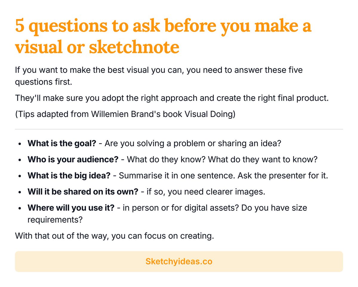 Failing to plan is planing to fail. 
And it's true about making visuals and sketchnotes too. 
These 5 simple questions will set you on the right track.