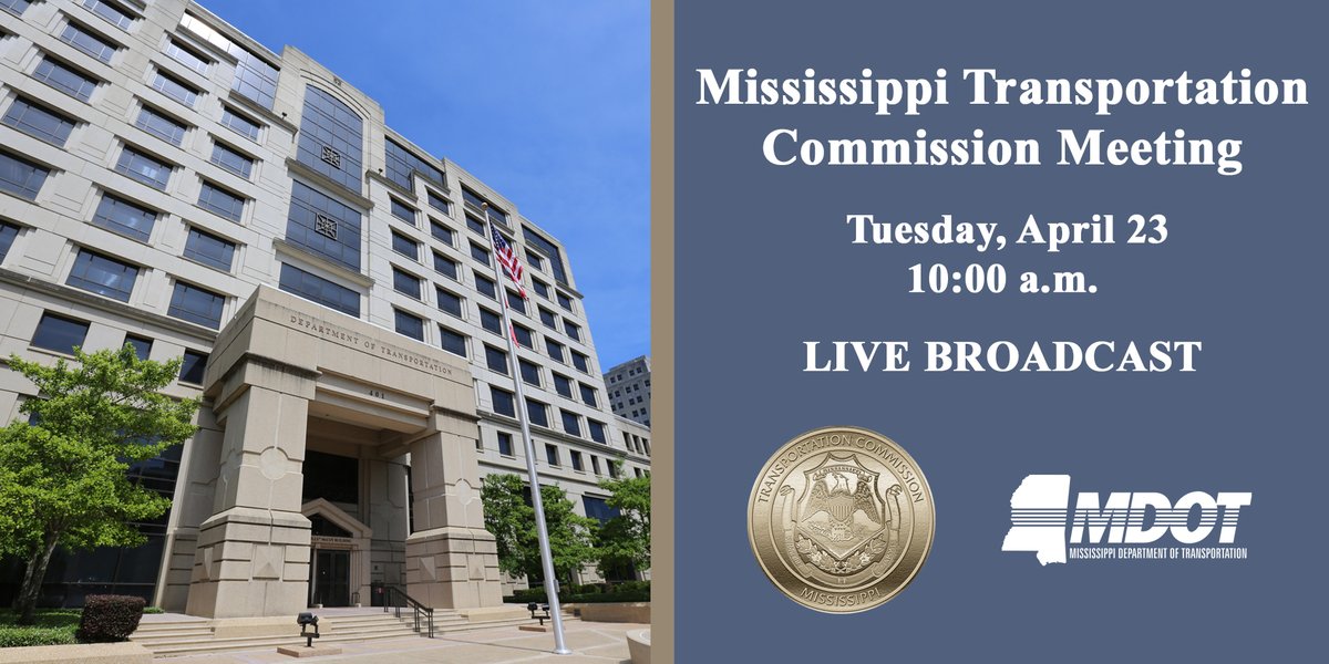 For live video of the Mississippi Transportation Commission meeting, please join us on our YouTube channel NOW.

WATCH LIVE: bit.ly/3TMtH8a

#MShwys