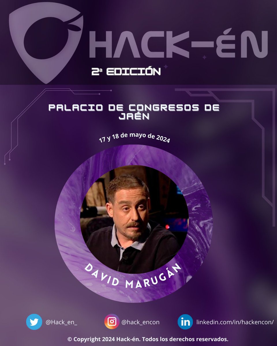 💥¡Seguimos con la racha de publicar ponentes muy reconocidos en el ámbito de la ciberseguridad! 💥 ▶Para todo el equipo de Hackén es un verdadero honor volver a poder contar con la presencia de David Marugán @RadioHacking en la segunda edición del congreso que impartirá una…