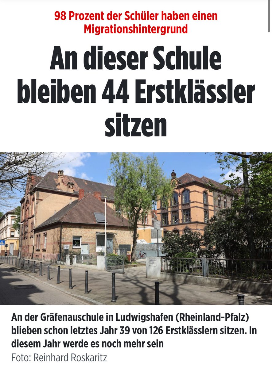 Der Migrantenanteil in der Gräfenauschule in Ludwigshafen beträgt 98%. Letztes Jahr blieben 39 Erstklässler sitzen, dieses Jahr werden es 44 sein. Am Ende werden fast 100% im Bürgergeld landen. Und der Deutsche Michel, der zahlt die ganze „Party“. bild.de/regional/rhein…