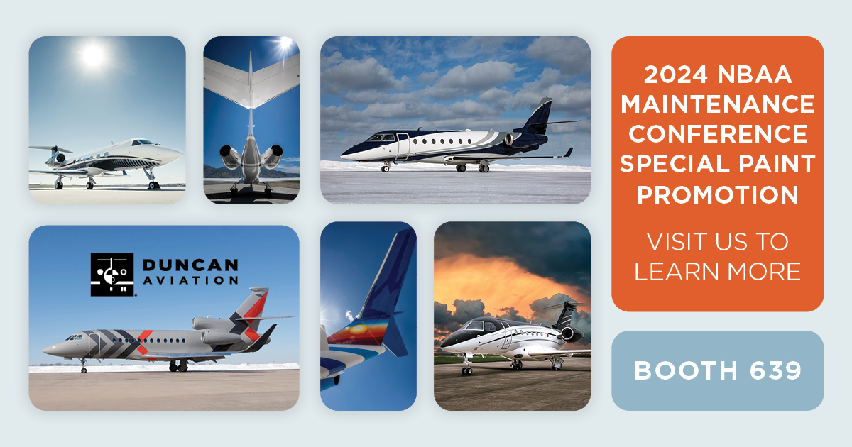 We are excited to offer a special 2024 @NBAA Maintenance Conference Paint Promotion for a complete exterior strip and repaint for owners and operators of large cabin aircraft. Click the link to learn more: bit.ly/3TS3Axc #DuncanAviation