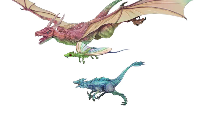 今日はドラゴンの日だからドラゴンを描こうと思ってたのに、ずっと仕事してて時間なくなっちゃったので表紙で描いたドラゴン大、ドラゴン中、ドラゴン小。 