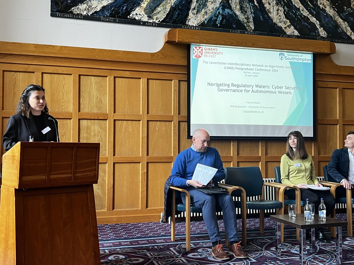 itsfatimaozcan's tweet photo. I am delighted to have presented my research yesterday at the LINAS Conference, hosted by Queen's University Belfast. The focus of my presentation was "Navigating Regulatory Waters: Cybersecurity Governance for Autonomous Vessels”. @linas_qub @UoSLawSchool #LINAS24 https://t.co/HoLJeHT9Vu