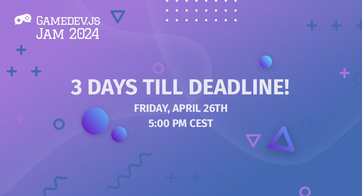 Only THREE DAYS left to submit your entry into #GamedevJS Jam 2024! Have you chosen to implement any of the optional challenges? All four comes with extra prizes! - Open Source - Build It With Phaser - NPC - js13kGames If yes, which ones and why? #gamedev #gamejam #indiedev