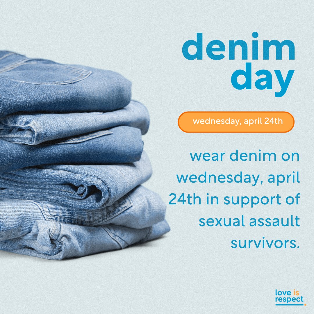 In honor of SAAM, we invite you to join love is respect in making a social statement with your fashion by wearing jeans TOMORROW as a visible means of protest against the misconceptions that surround sexual assault. Tag us in your photos or use the hashtag #denimday2024 👖 🗣️