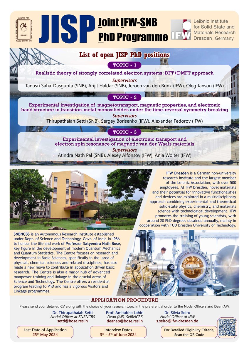 Applications are invited from highly motivated and research-oriented applicants for admission to Joint IFW (Dresden, Germany) - SNB (Kolkata, India) PhD Programme (JISP)-2024. For more details please visit:bose.res.in/AcademicProgra… @IndiaDST @DrJitendraSingh