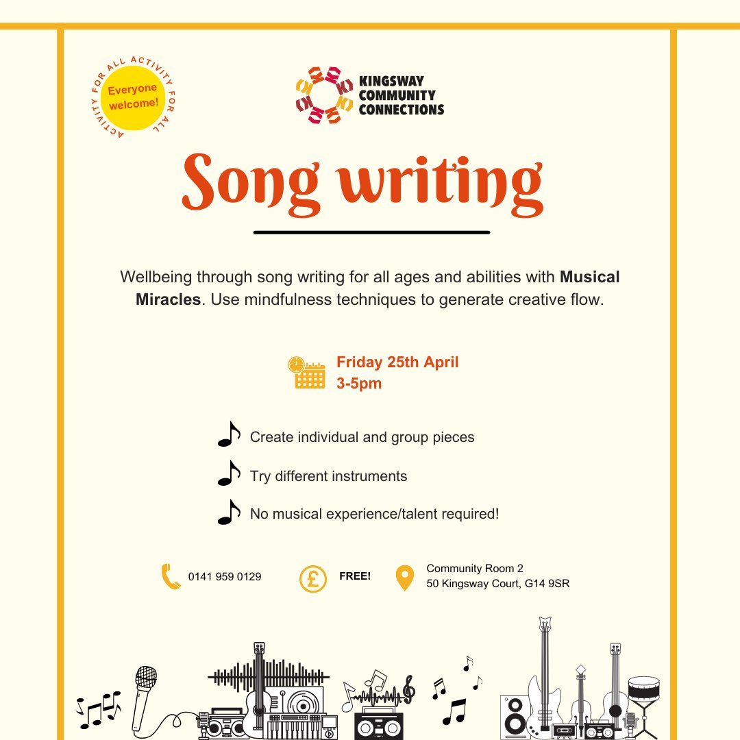 Last time Barbara from Musical Miracles joined us, we had a fantastic session. Participants felt they could open up and felt so proud with their creation. Come and give it a go! 🎵🪇🎸 No booking required, if you'd like to find out more, email: beth@kingswaycc.org.uk