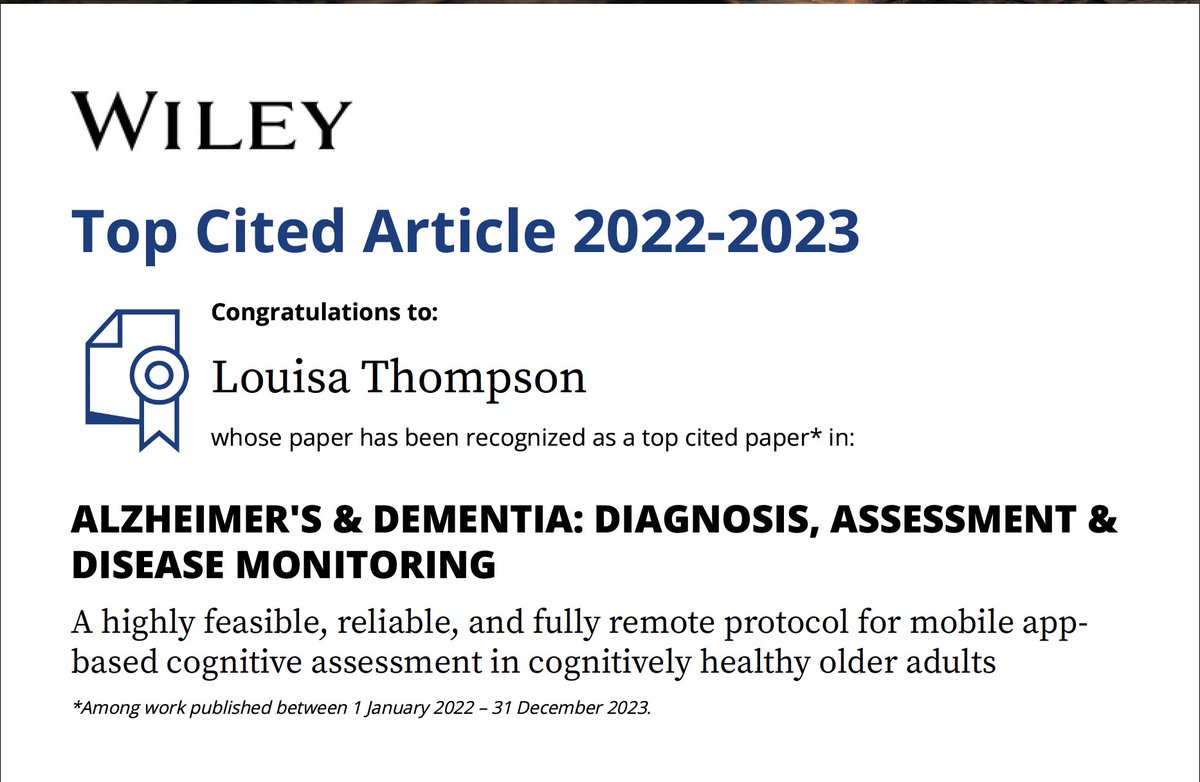 Our article on the feasibility of remote, self-administered cognitive screening for older adults during the COVID-19 pandemic was a 2022-2023 #TopCitedArticle in DADM. alz-journals.onlinelibrary.wiley.com/doi/full/10.10…