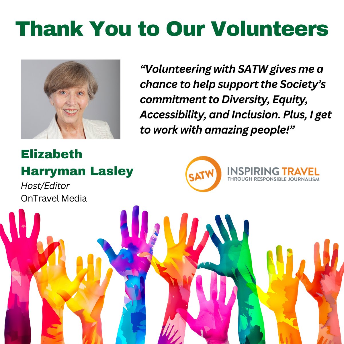 .@lizharryman, @ontravelmedia, volunteers with SATW because it gives her a chance to support our commitment to DEAI & to connect more deeply with our incredible members. Thank you, Elizabeth, for all you do!

#NationalVolunteerWeek #TravelWriting #TravelBlogging #Travel