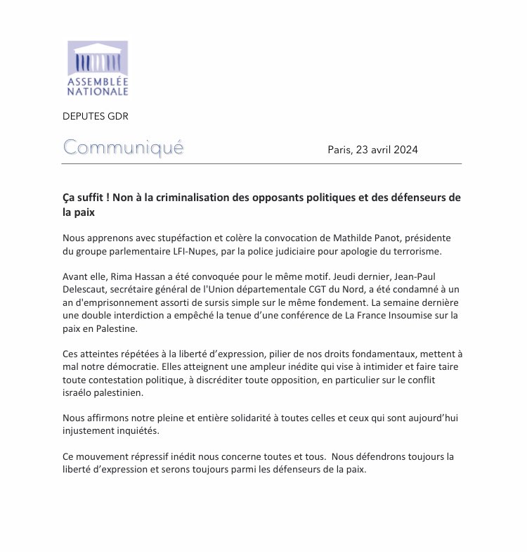 #DirectAN Non à la criminalisation des opposants politiques et des défenseurs de la paix ! 

Notre communiqué en réaction à la convocation de ⁦<a href="/MathildePanot/">Mathilde Panot</a>⁩ par la police pour apologie du terrorisme ⤵️