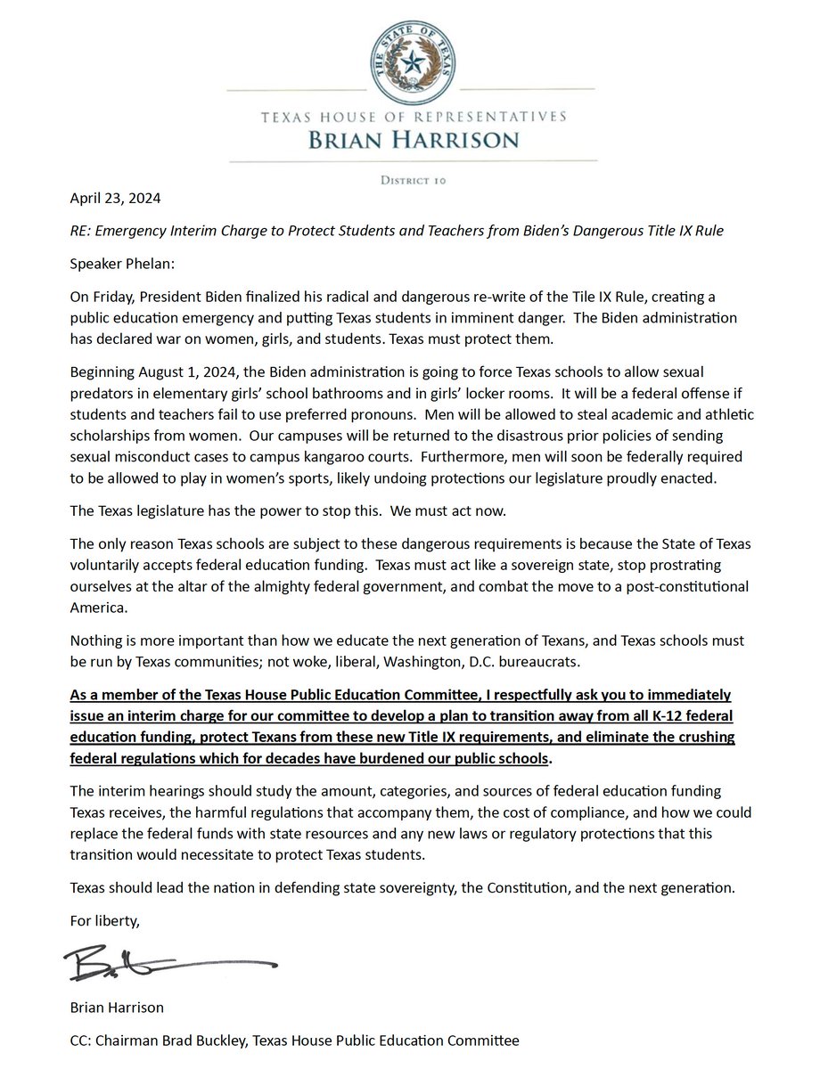 🚨Biden's #TitleIX rule is a public education emergency that endangers women, teachers, and all Texas students. I am asking Speaker @DadePhelan to immediately issue an interim charge for Texas to reject federal education money and the dangerous strings attached to it. Texas is
