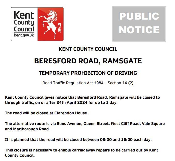 Ramsgate, Beresford Road. Road closed on 24th April for 1 day (08:00-16:00) for carriageway works: moorl.uk/?vrk77f