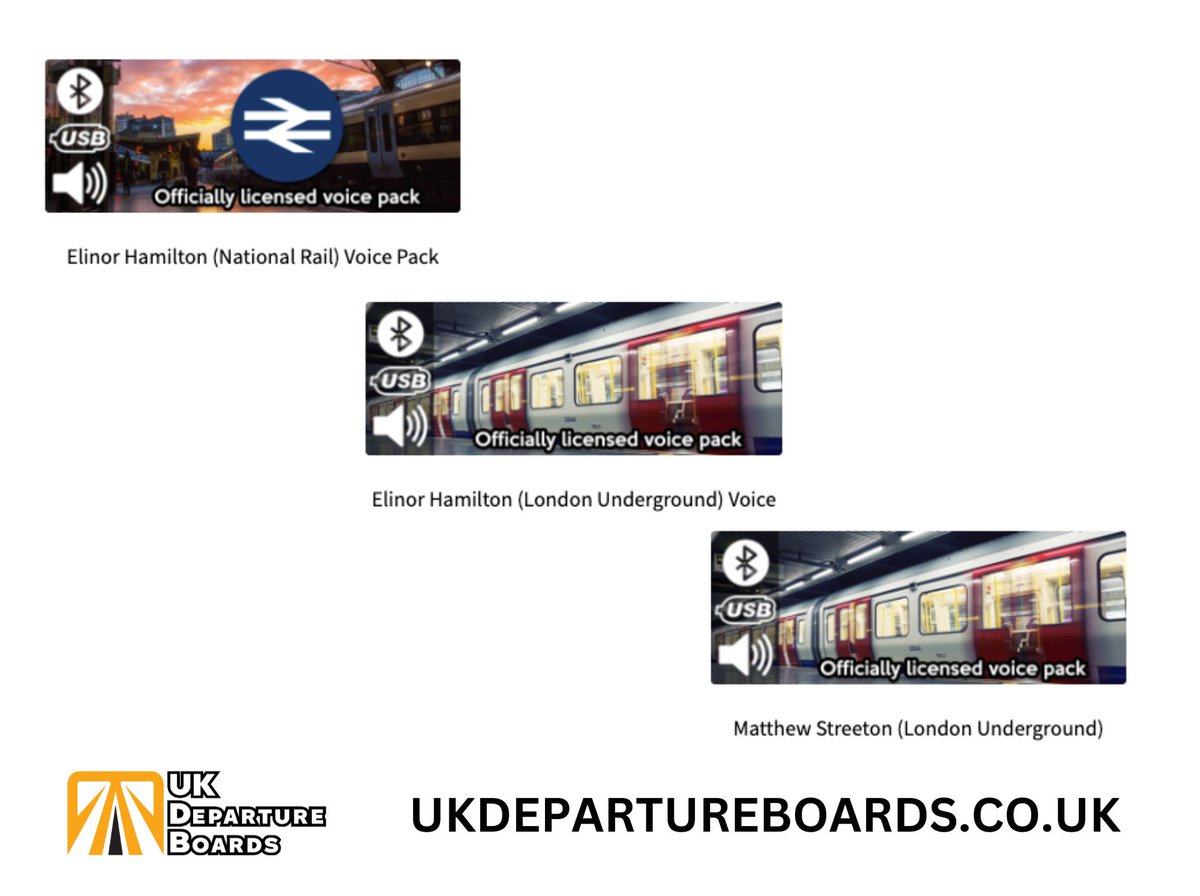 Voice Packs! Don't forget to unlock the power of your departure boards with one of our officially licensed Voice Packs! Add real audio announcements to your departure board with this National Rail voice pack recorded by Elinor Hamilton the real voice of the London Underground.…