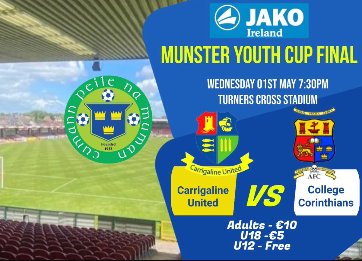 Wednesday 1st May the @JAKOIreland Munster Youth Cup Final will take place in Turners Cross, 7.30pm KO. This years encounter is an all Cork affair @CarrigalineUtd v @collegecors Best of luck to both sides