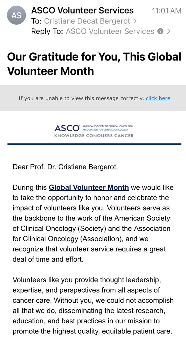 Grateful to receive a heartwarming email from ⁦@ASCO⁩ thanking me for my contributions during #GlobalVolunteerMonth It’s truly a privilege to be part of such an esteemed society dedicated to advancing cancer worldwide 🥰