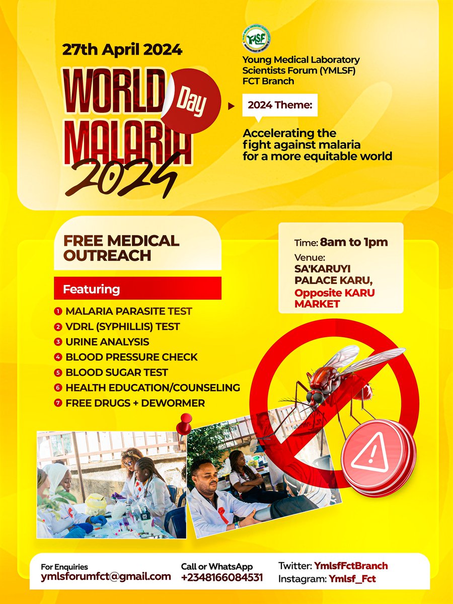 YMLSF FCT is organizing a free medical outreach on the 27th of April 2024 at Chief Palace Opp Karu Mkt Abuja from 8am to 1pm. We're seeking medical volunteers to make an impact on Saturday, pls send your name & phone number to: MLS Ogbe Etaba +2348134246929 @JenchatAvezan @EOkala