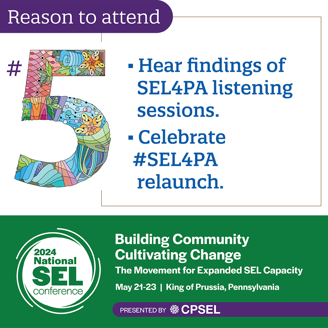 This week we will share top 5 reasons to attend 2024 #NSEL Conference, May 21-23, King of Prussia. Reason #5: Hear the findings of the SEL4PA listening sessions and the celebration of the #SEL4PA relaunch. hubs.ly/Q02tN8l20 #SEL4US #SEL @SEL4USA