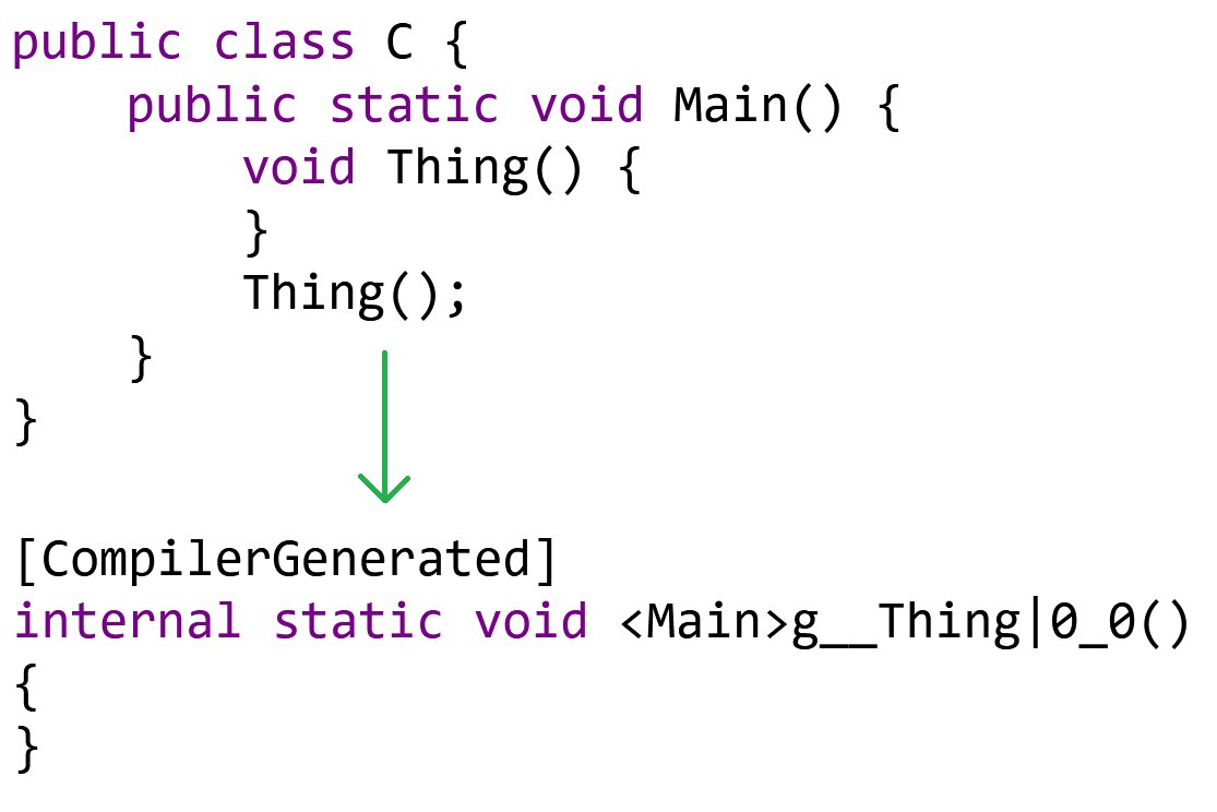 fun fact: if you've ever decompiled a local function in C#, you might have noticed a 'g' in the mangled name. I chose that letter! My logic was that in math, functions are typically called 'f' first, then 'g' second - local functions are kinda the second function, so g it is!