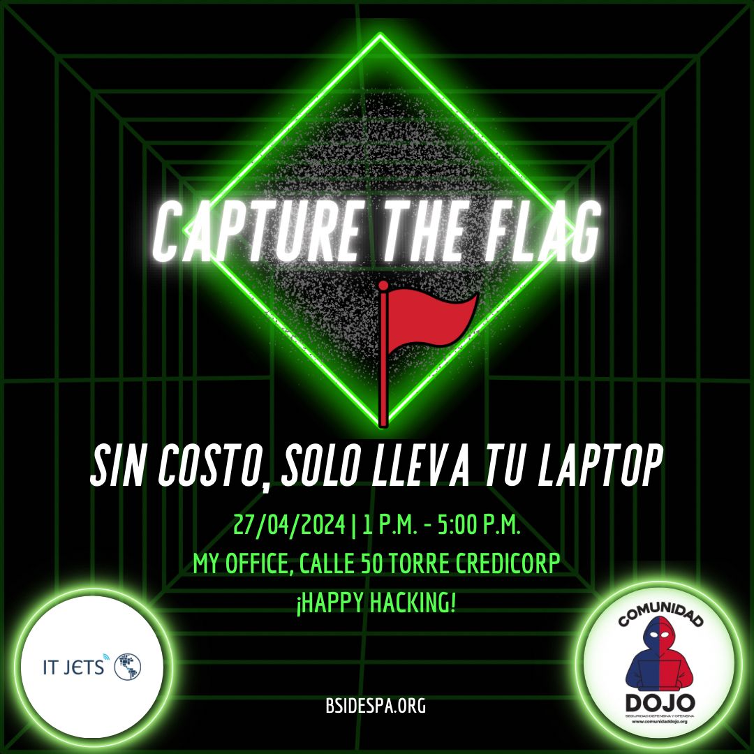 ITJETS's tweet photo. ¿Te gusta el #RedTeam?
Nos vemos este sábado para un CTF totalmente gratuito en My Office, Calle 50 en colaboración con @comunidaddojo🚩🔥
¡Inscríbete! https://t.co/R2mQRvo4It https://t.co/L1MDODM4hh