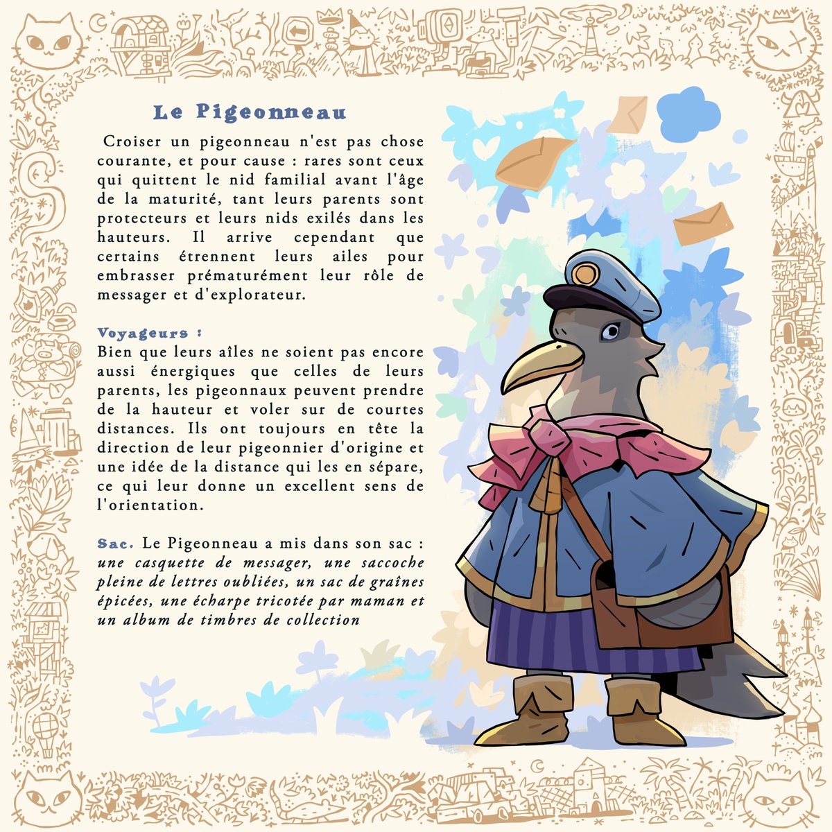 Afin de rendre hommage à la communauté de @Chloe_Twitch, une nouvelle enfance est dorénavant disponible : le Pigeonneau. Rédigée par moi, elle a été illustrée par Clément avec le talent qu'on lui connaît. Cette enfance est disponible avec les autres sur monsieuralceste.itch.io/donjons-et-cha…