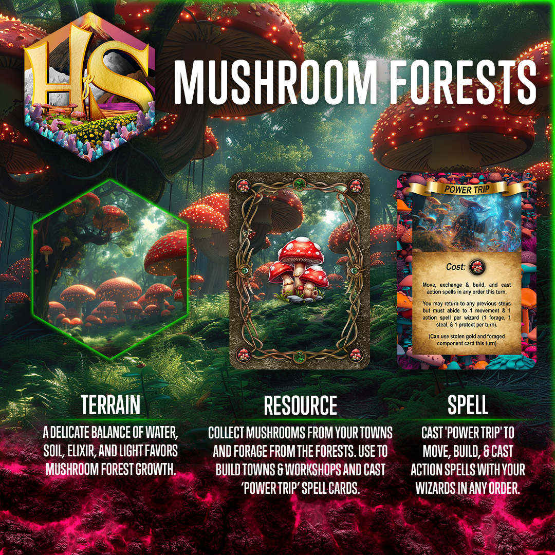 Scavenge mushrooms from the forests to build towns and workshops and power trip to wield ultimate control over your wizards' movement, building, and spell casting with unprecedented freedom!

#hexesofsygon #fantasygame #interactivegames #forests #mushrooms #boardgames